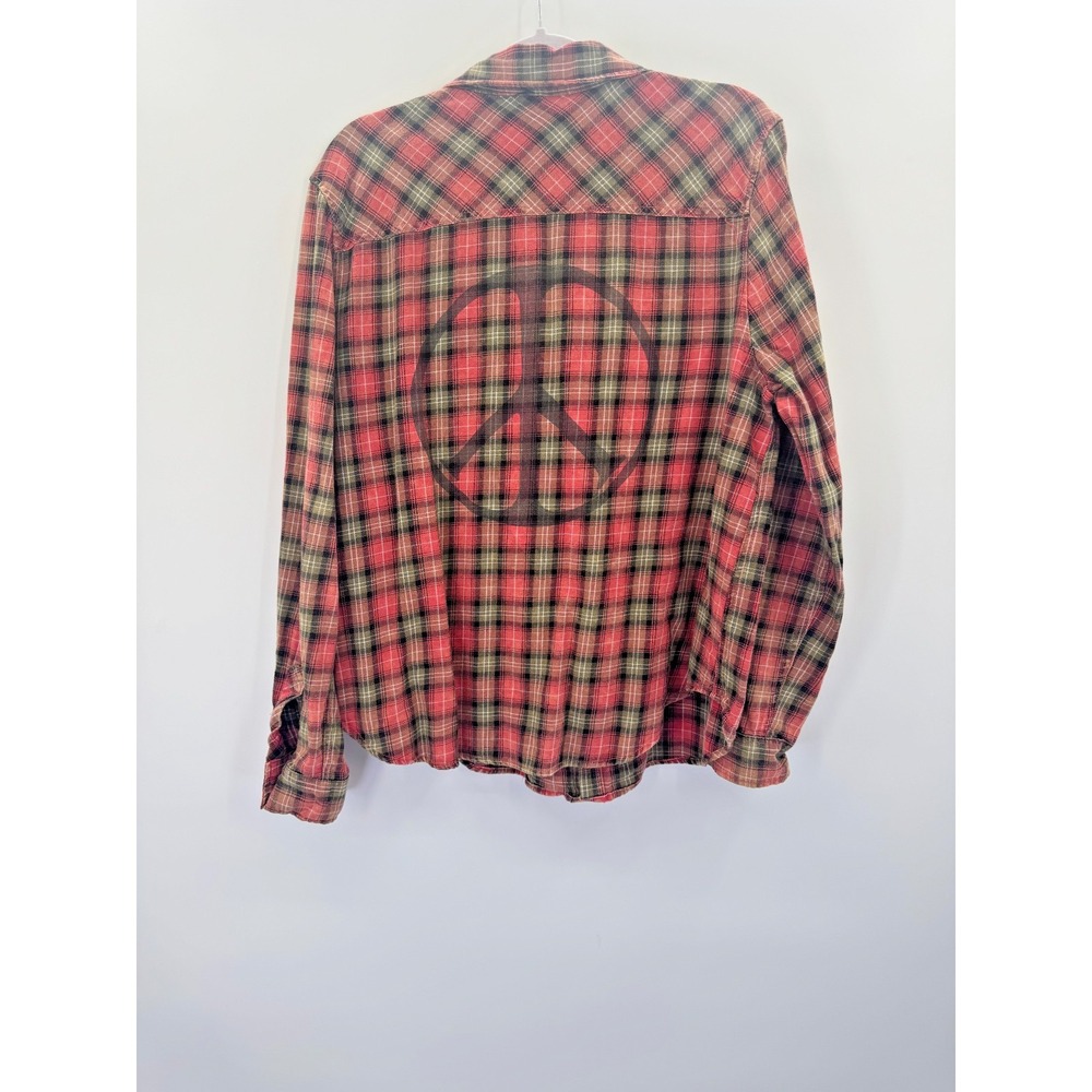 Junkfood Red Plaid Flannel Button Down Top XL Peace Sign Grunge Boho Hippie